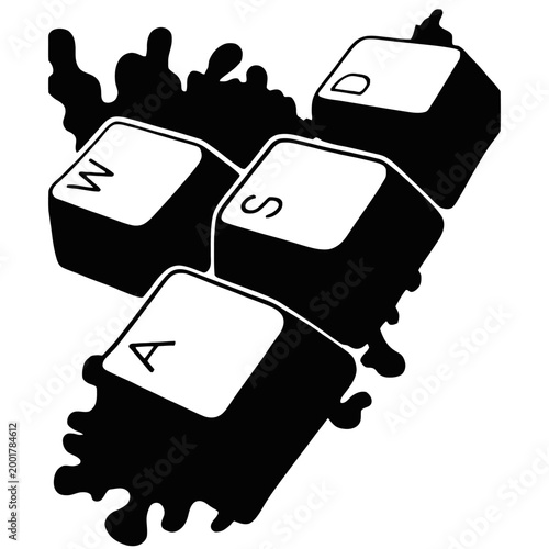 A minimalistic black and white design featuring the WASD keys from a keyboard. The keys appear to be floating and arranged diagonally with a splash effect beneath them.
