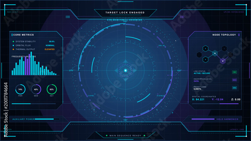 Data is shown on a digital dashboard with various metrics. Core metrics indicate system stability and other technical values. The target lock is engaged.