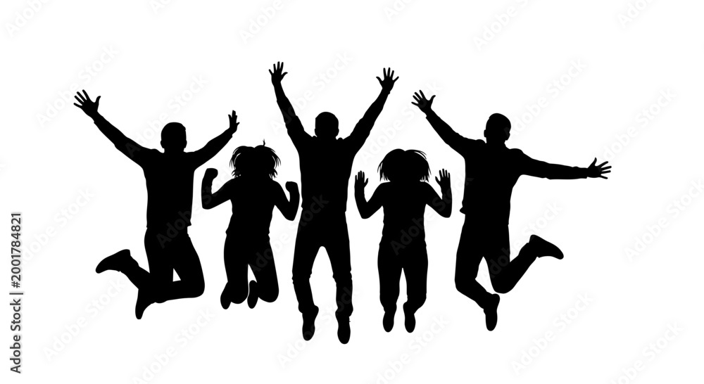 Fototapeta premium Happy Group Jumping Silhouette - Diverse People Celebrating Joyfully