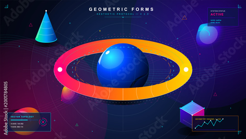 Futuristic geometric vector artwork with glossy blue sphere, neon gradient orbital ring, cones, cube and HUD panels on dark space background