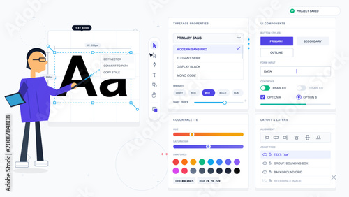 Flat vector scene of a male designer editing large Aa typography in a user interface editor with typeface panels and color palette controls.