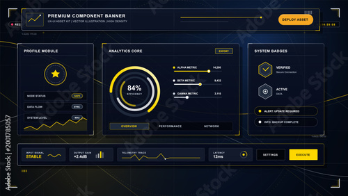 Futuristic dark interface banner with yellow analytics gauge, profile module, system badges, status controls and data panels in sleek HUD style