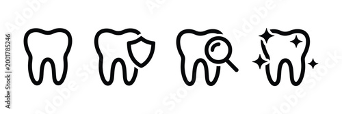 Teeth Icon Set for Dental Health, Clean Tooth, Shield Protection and Magnifier Inspection Symbols, Oral Care and Mouth Hygiene Vector Illustration for Medical, Clinic and Healthcare Design