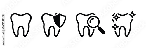Teeth Icon Set for Dental Health, Clean Tooth, Shield Protection and Magnifier Inspection Symbols, Oral Care and Mouth Hygiene Vector Illustration for Medical, Clinic and Healthcare Design