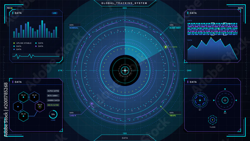 The global tracking system displays real-time data including graphs, metrics, and charts on a digital interface. Various data fields are visible, indicating system performance.