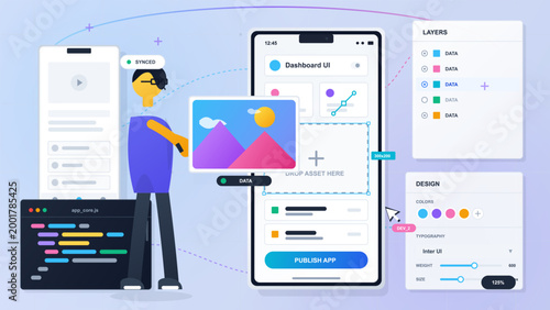 Flat vector illustration of a developer building a mobile dashboard UI with image asset, code window, layers panel, design controls and sync status
