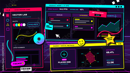 Data analysis tools are shown on a vibrant digital display. The focus is on metrics and performance ratings in a tech workspace. Colorful graphs and charts highlight various stats.
