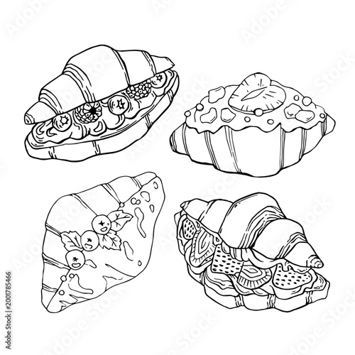 Berry croissants set line art with cream glaze and berry filling outline isolated on white