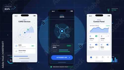 Futuristic mobile app onboarding screens for connected devices, network node authorization, security controls, traffic chart, and dark grid interface