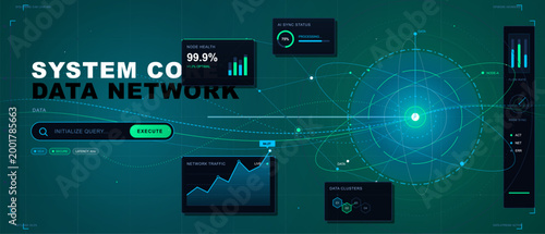 The display shows a digital interface for a network management system. It presents data on node health, network traffic, and performance metrics. Users can execute commands and view clusters.