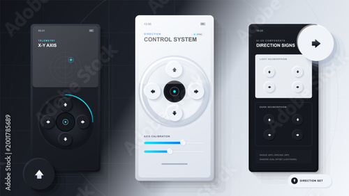 Neumorphic direction control app interface with arrow buttons, axis calibration sliders, dark and light mobile screens and component set on grid