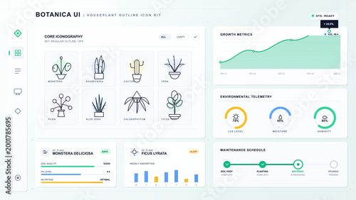 Clean botanica houseplant UI dashboard with outline icon grid, growth metrics chart, environmental telemetry gauges and maintenance schedule.