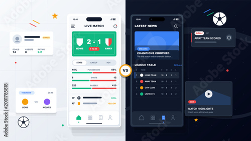 Modern soccer match app interface with live score dashboard, stats bars, news feed, league table, player profile card and highlight video panels