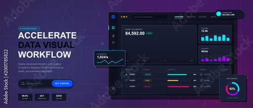 Dark futuristic analytics dashboard mockup with neon charts, telemetry cards, secure status badge, and bold workflow headline on grid background