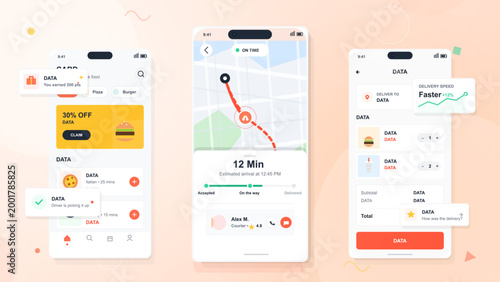 A delivery app displays information on an order. It shows estimated arrival time, delivery speed, and notes about the pickup location. The screen shows a map and order status.