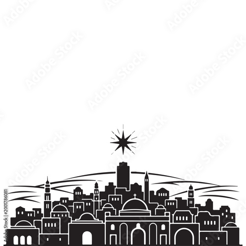 Black and white vector illustration of Bethlehem city skyline with Star of Bethlehem isolated on white background