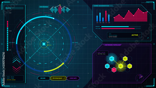 Futuristic system diagnostics HUD with circular radar scanner, network topology panel, neon charts, and cyan magenta graphics on dark grid