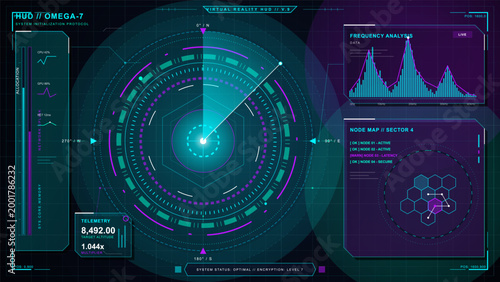 Futuristic virtual reality HUD interface with circular radar display, frequency analysis chart, node map, telemetry, and neon cyan purple grid