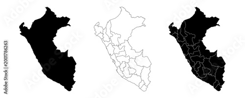 Peru map isolated on white background. Peru country map. Peru political map.Outline map.Solid simple style. Peru map silhouette linear and black illustration. Black and white. Vector editable.