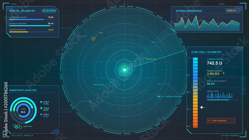 Futuristic cyan HUD interface with orbital telemetry scanner, core drill panels, seismic chart, warning gauge, and dark technical grid background