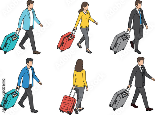 Set of isometric business and casual travelers walking with rolling suitcase luggage shown from front and back isolated on white background vector illustration