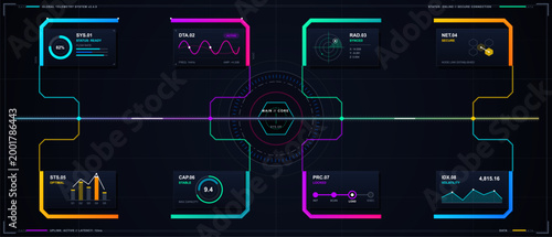 Futuristic global telemetry dashboard with neon connected modules, central core interface, status charts, gauges, and data panels on dark grid