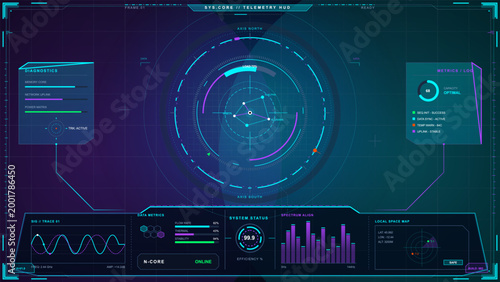 Futuristic telemetry HUD with circular radar node graph, diagnostics panels, signal trace, spectrum bars, and neon cyan purple grid interface