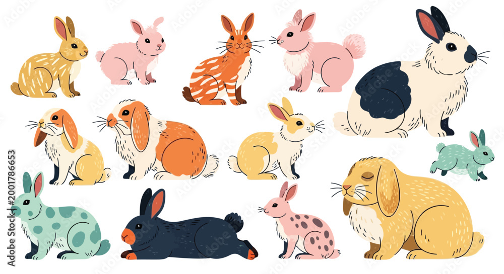 Obraz premium Colorful rabbit icons, cute bunny illustrations, vector rabbit collection, Easter bunny graphics