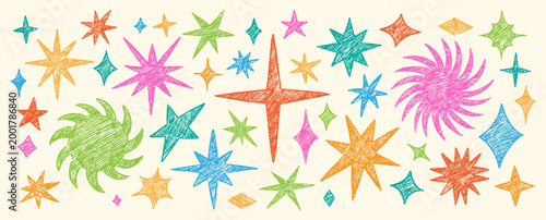 Hand Draw Twinkle Star Doodle Set. Crayon Spark and Shooting Firework Sparkle Texture Kit. Freehand Scribble Pen Charcoal Illustration. Pencil Sketch Shape Bundle.