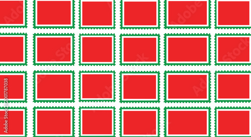 Canvas Print Seamless Postage Stamp Pattern with Red Squares and Green Perforated Borders Ret