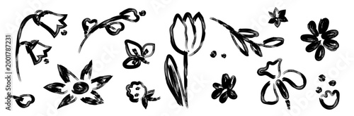 Flower brush paint stroke set. Hand drawn floral doodle set with leaves and plants in sketch line style. Abstract nature elements with simple brush strokes for stickers, scrapbooking, organic design.