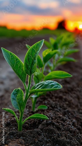 Seedling's Dawn: A line of verdant seedlings emerges from the fertile earth, illuminated by the radiant glow of the setting sun, embodying new life and growth.
