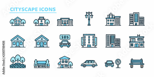 cityscape icons set in blue and white