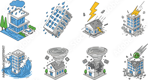Natural Disaster Isometric Icon Set with Flood Earthquake Tornado Lightning Meteor and Building Damage Vector Collection for Emergency Risk and Insurance Concept