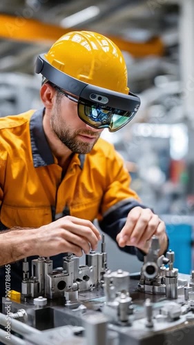 Factory Worker with Futuristic Gear: A focused factory worker immersed in his task, wearing a high-tech augmented reality headset and protective gear.