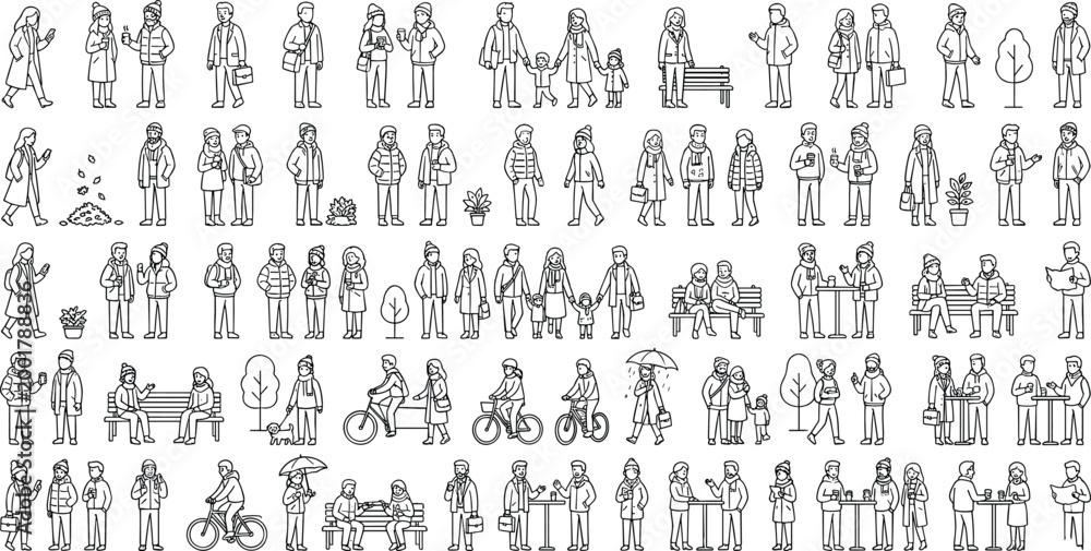 Obraz premium Massive collection of black and white line art people characters in winter outfits featuring families couples and outdoor urban activities vector illustration.
