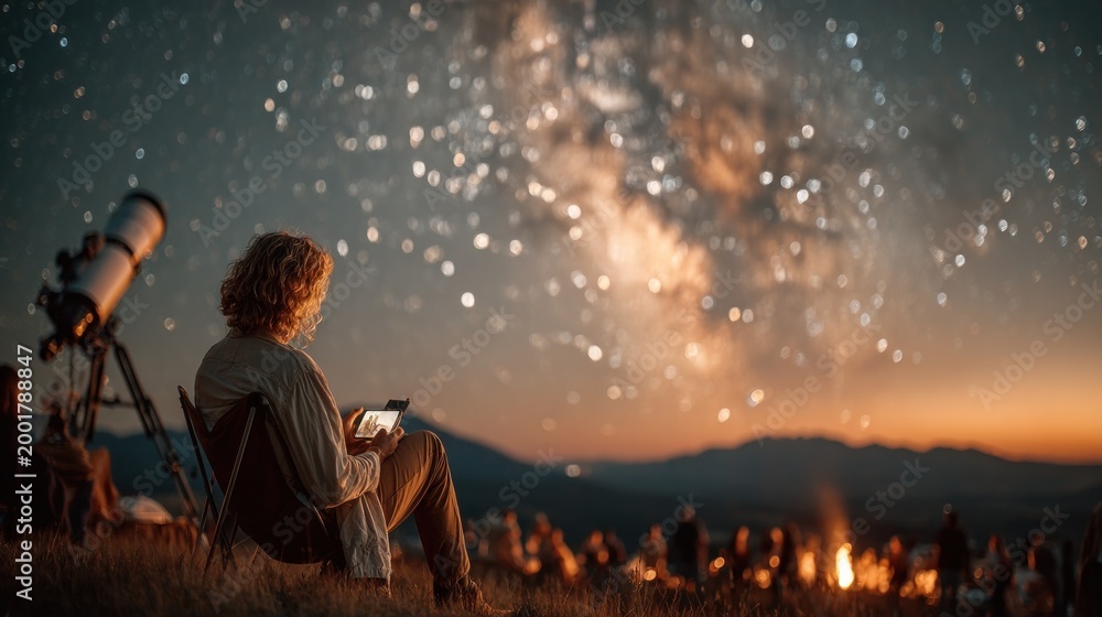 Fototapeta premium Person watches stars with telescope and others by campfire