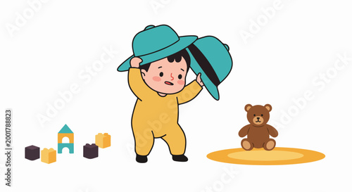 Adorable baby boy wearing a yellow romper trying on oversized blue hats while playing with toys including a teddy bear and blocks.