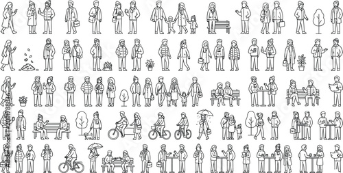 Massive collection of black and white line art people characters in winter outfits featuring families couples and outdoor urban activities vector illustration.