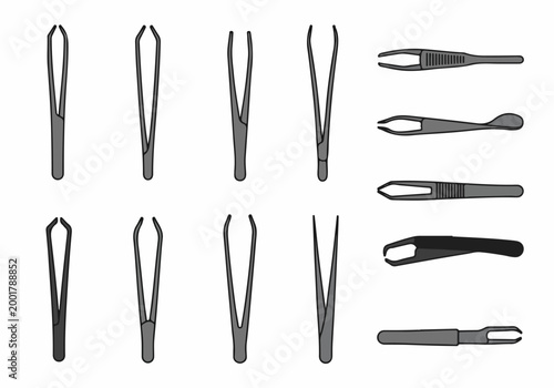 Collection of various medical and cosmetic tweezers vector illustrations isolated on a white background