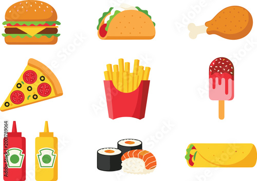 Fast Food Icons Set with Burger Taco Chicken Pizza Fries Ice Cream Sushi Wrap Sauces and Street Snacks Vector Illustration for Menu Design.