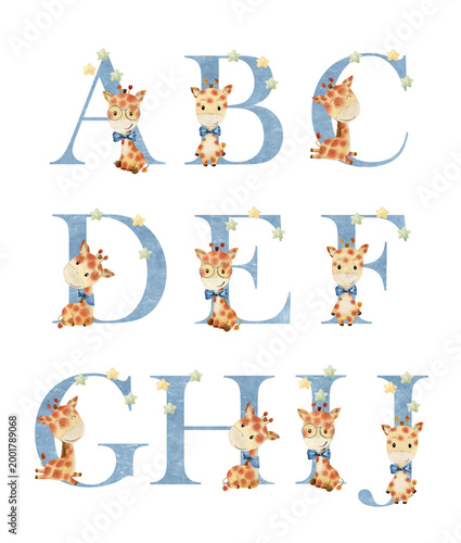 Vector watercolor letters with giraffes for boy for invitation card, nursery poster and other.