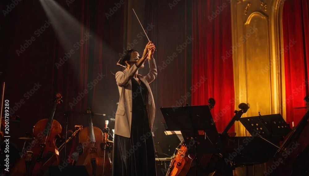 Fototapeta premium Female orchestra conductor leading musicians on stage with red curtains and spotlight illumination
