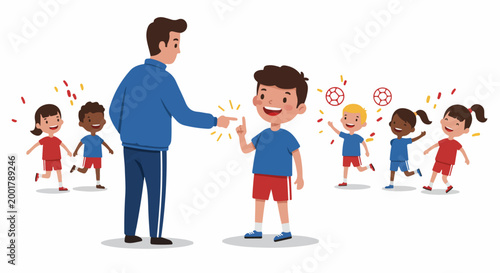 A diverse group of happy children learning to play soccer with their male sports coach during a school physical education training session illustration.