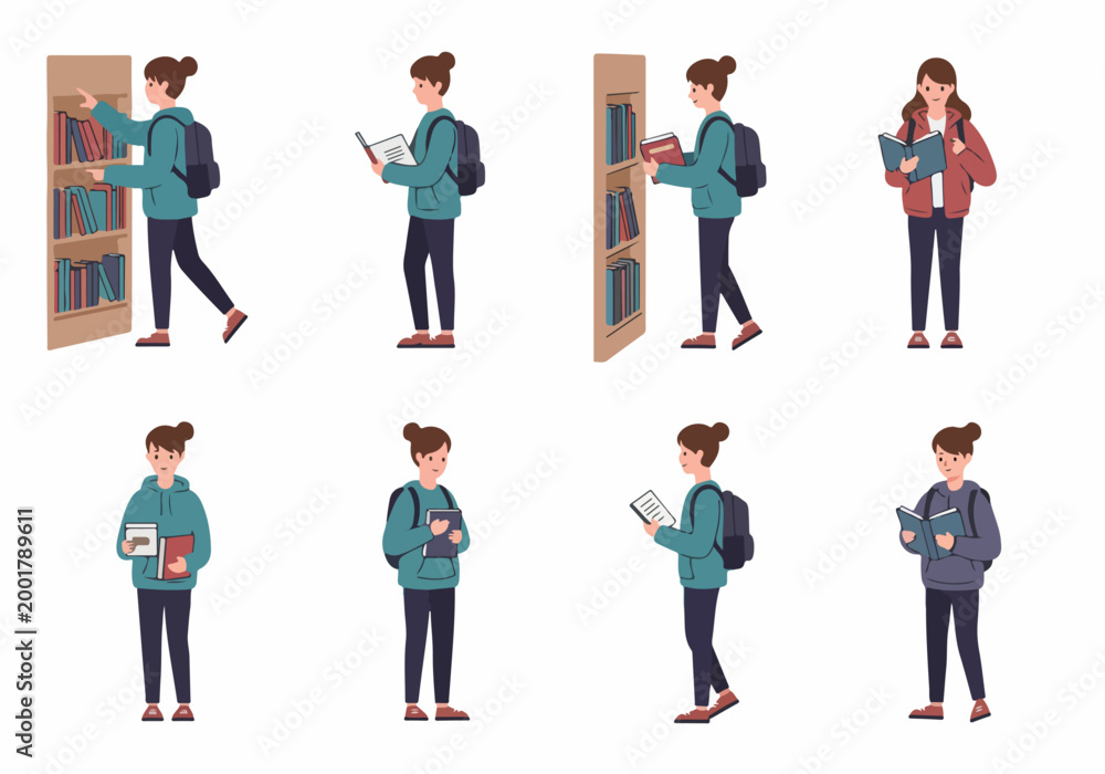 Obraz premium Set of flat vector illustrations of young female students engaged in various library activities like reading, searching bookshelves, and carrying school bags.