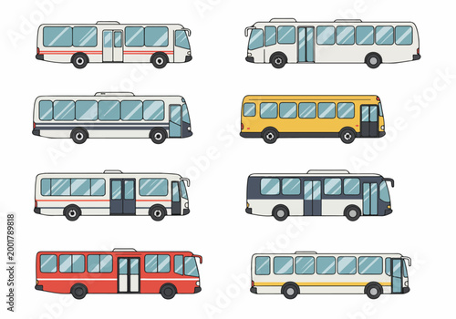 Set of eight flat vector illustrations of public transport buses in various colors including yellow, red, white, and grey on white background.