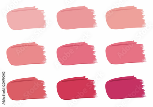 Set of nine brush strokes in various shades of pink and red, perfect for cosmetic branding or artistic design elements.