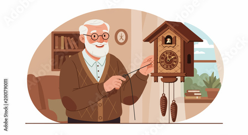 Smiling senior man adjusting a traditional wooden cuckoo clock in a cozy home interior with a bookshelf and window view.