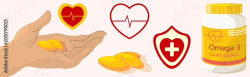 Omega 3 cardio support supplements clip art set. Hand holding yellow softgel capsules, supplement bottle with a heart logo, various medical icons including hearts with pulse lines and medical shield.