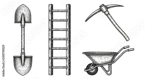 Collection of vintage construction and gardening tools.